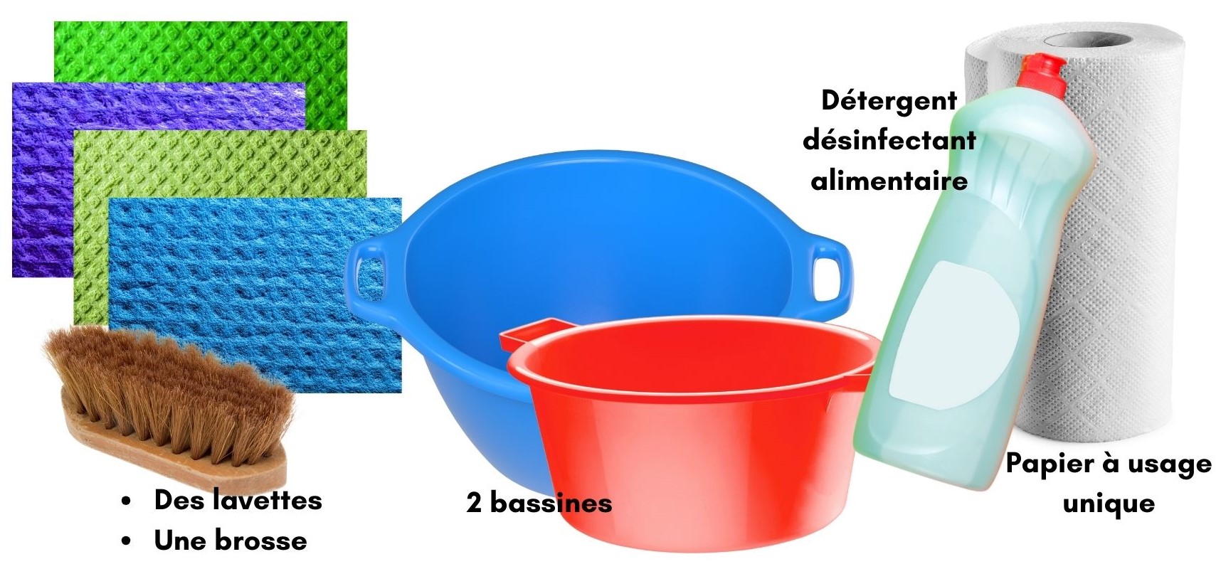 matériel jouets: lavettes, brosse, 2 bassines, détergent désinfectant alimentaire, papier à usage unique